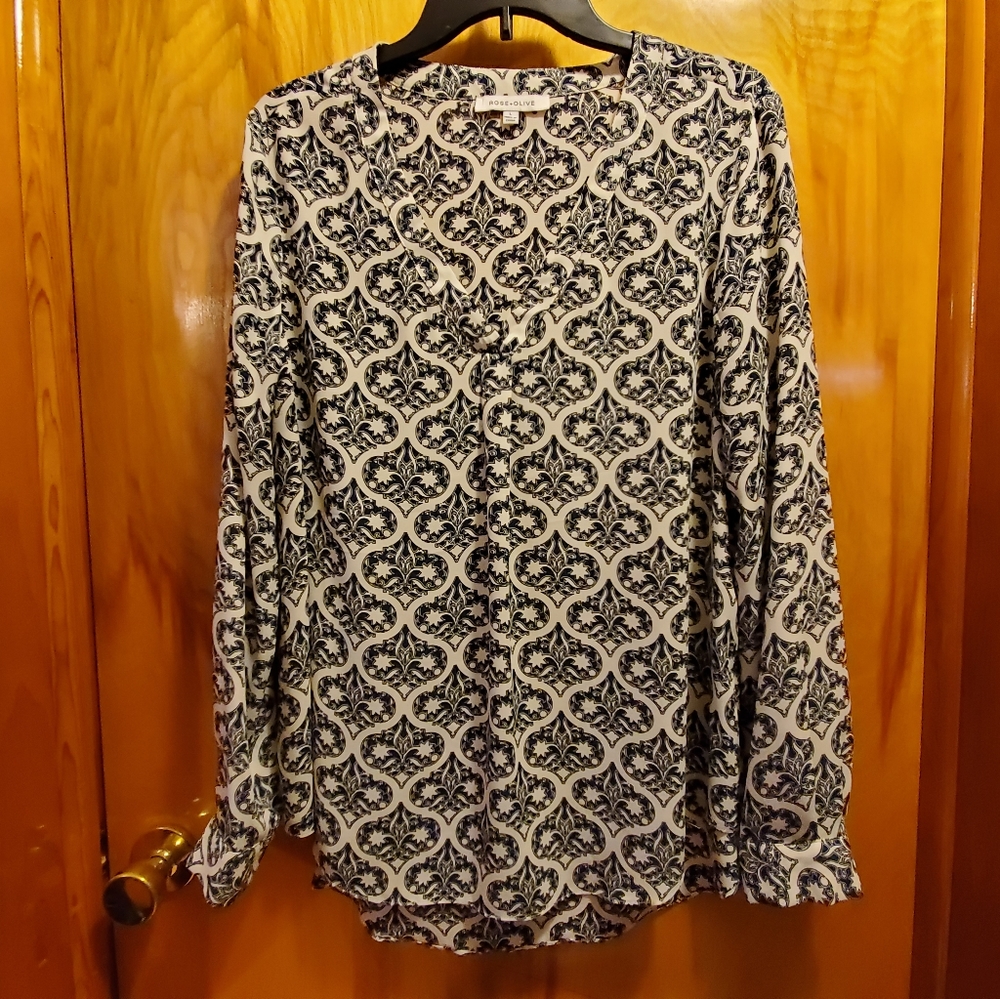 Rose + Olive cream blouse with navy print